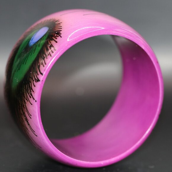 Vintage 3" Diameter Chunky Wide (1.25") Bangle Bracelet with Peacock Feathers - Picture 3 of 4